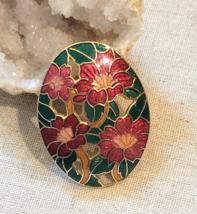 Vintage Oval Red Green Rose Hibiscus Flowers Cloisonne Enamel Gold Tone Brooch - £13.03 GBP