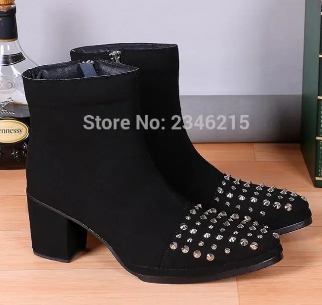 Korean Style Pointed Toe Rivets Ankle Boots Black Leather Stud  boy Boots Height - £281.94 GBP