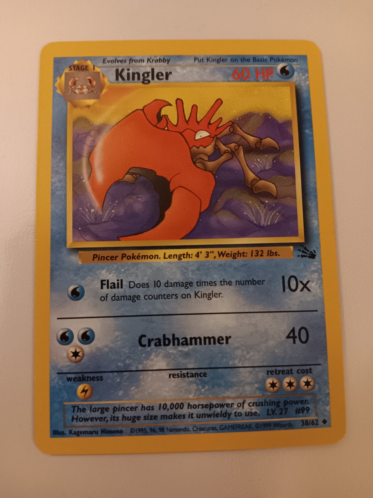 Pokemon 1999 Fossil Series Kingler 38 / 62 NM Single Trading Card - $9.99