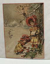 Greeting Christmas Victorian  Young Girls Looking at Holly Branch 1890-1900 - £6.07 GBP