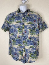 Denim &amp; Flower Men Size L Blue Floral Tropical Button Up Shirt Short Sleeve - £5.26 GBP