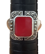 Sterling Silver Ring Square Red Center Stone Marcasite Border Size 8.5 - £14.15 GBP