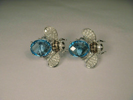 2.50Ct Oval Blue Lab Created Topaz &amp; Diamond Bee Earrings 14K White Gold Plated - £89.08 GBP+