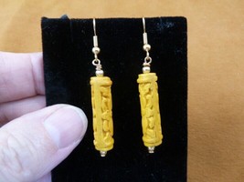 (EE400-56) cylinder Yellow CINNABAR bead flower wooden bead dangle gold earrings - £11.02 GBP
