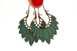 Verdigris Feather Earrings, Boho Tribal Hoops, Oxidized Copper Earrings - £11.98 GBP