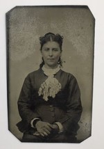 Antique Tin Type Photo Young Lady Woman Girl Tinted Cheeks Tintype Big Hands - £19.93 GBP