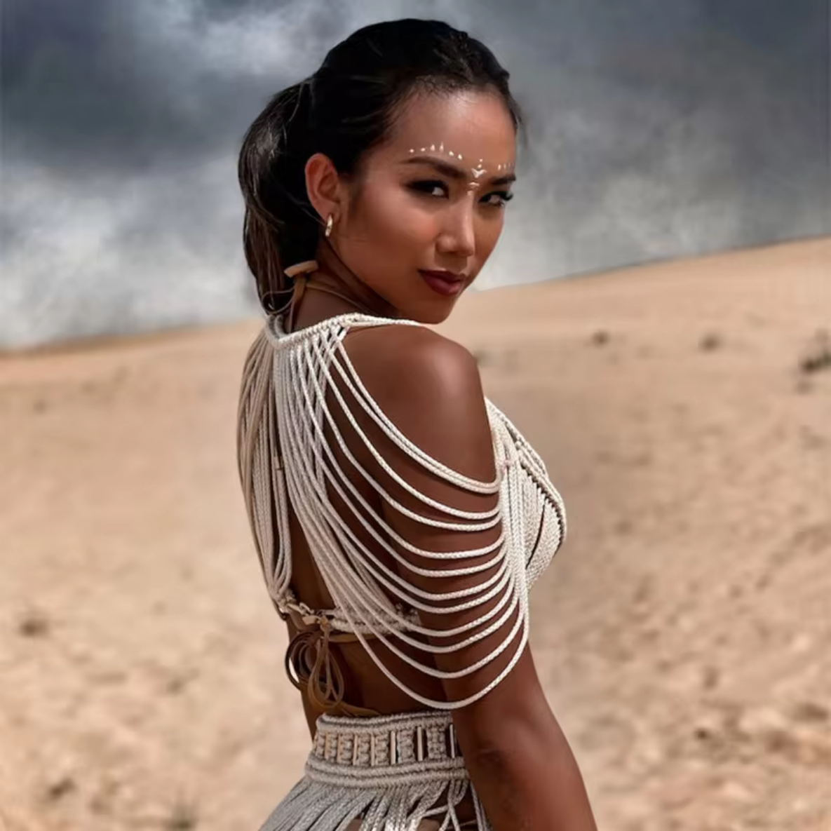 2024 Summer Handmade Knitted Crochet   Off Shoulder Solid Tassel Crop Top Long M