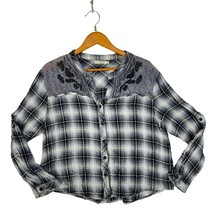 Blue Plaid Rockabilly Button Down Shirt Blouse Womens LARGE Lace Distressed - $19.79