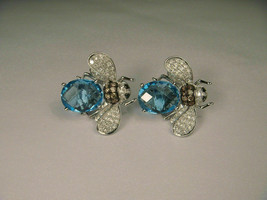 2.50Ct Oval Blue Simulated Topaz &amp; Diamond Bee Earrings  14K White Gold Plated - £76.74 GBP