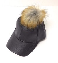 NEW Men Women PU Faux Leather W/ Faux Fur Pom Baseball Cap Hat Adjustable Gray - £5.69 GBP