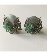 Vintage flower pattern large clip on earrings 1940&#39;s 1950&#39;s glam look - $19.75