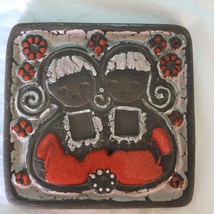 Vintage Hand Glazed Fat Lava Wall Tile  Relief Flowers Twins Children Gemini 6 &quot; - £35.61 GBP