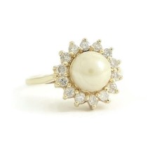 Authenticity Guarantee 
Vintage Pearl Diamond Round Halo Cocktail Ring 14K Ye... - £478.54 GBP