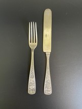 Antique Ornate Silverplate Fruit Dessert Fork &amp; Knife Set w/ Raised Handle - £27.68 GBP