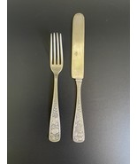 Antique Ornate Silverplate Fruit Dessert Fork &amp; Knife Set w/ Raised Handle - £27.54 GBP