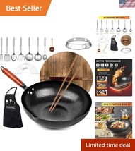 Elegant Carbon Steel Wok Set with Wooden Lid - 14 Cooking Essentials Inc... - $49.50