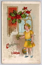 Christmas Greeting Girl Yellow Dress With Hollyberry Postcard C39 - £3.08 GBP