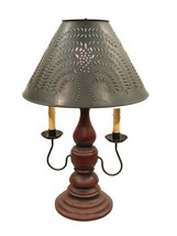 Barn Red &amp; Black Rub Lamp Wood &amp; Wrought Iron With Punched Tin Willow Shade Usa - £398.19 GBP