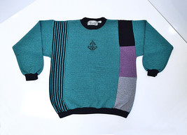 Vtg 80s/90s RICCARDO Logo Soft Mens Teal Black Purple Pullover Sweater Sz Large - £29.15 GBP