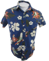 21 Men Hawaiian ALOHA shirt pit to pit 21 S floral tropical birds cotton blue - £12.47 GBP