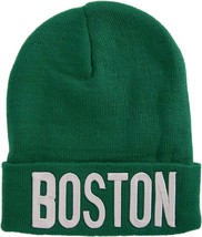 Boston City Name Bold Lettering Winter Knit Cuffed Beanie Hat (Green/White) - $17.95