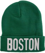 Boston City Name Bold Lettering Winter Knit Cuffed Beanie Hat (Green/White) - £14.34 GBP