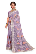 Designer Lavender Resham Chikankari Embroidery Sari Georgette Party Wear Saree - £66.62 GBP