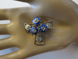Vtg Enamel Cross Brooch Pendant Gold Tone 1.25&quot; Navy Blue Flowers Rhinestones - £7.85 GBP