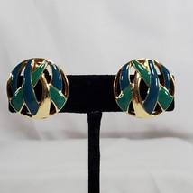 VTG Trifari Clip Back earrings Gold Tone turquoise/aqua enamal Signed - £18.55 GBP