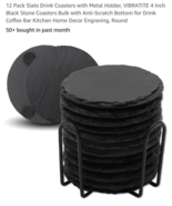 12 Pack Slate Drink Coasters with Metal Holder, 4 Inch Black Stone Coast... - $242.34 MXN