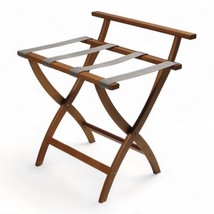 High Back Solid Wood Folding Luggage Rack with Grey Straps in Brown Finish - $171.49