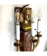 Vtg Egyptian Revival Style Ornate Brass Wood Sconce Wall Mount 4 Light Lamp - $205.15 CAD