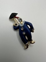 Vintage Enamel Rhinestone Anonymous Faceless Man Umbrella Brooch 1.75&quot; - £17.40 GBP