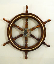 24&quot; Wooden Shipwheel Antique Replica Boat Wheel Nautical Wall Decor Brass Ring - £61.69 GBP