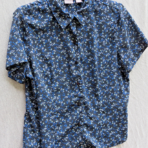 Laura Scott Button Down Blouse Petite Navy Blue w All over Floral SS - £6.75 GBP