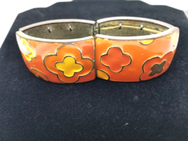 Bold Orange Yellow Floral Enamel Bracelet Chunky 70s Style Jewelry Vtg - $18.95