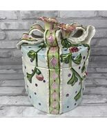 Gift Wrapped Present Bow Round Ceramic Cookie Jar International Art Handpainted - $63.27