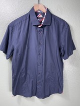 Bespoke Mens Patterned Shirt (Large) Blue Short Sleeved Contrast Collar Custom - £6.81 GBP