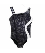 Justice Sport Girls Black White Tonal Text One Shoulder Gym Dance Leotard - $16.83