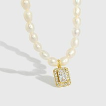 18K Yellow GP Natural Graduated Pearl &amp; Square Halo Diamond Pendant Necklace 16&quot; - £92.78 GBP