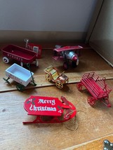 Lot of Red &amp; White Metal Painted Wood Wagon Toy Airplane Sled Christmas Tree Orn - $13.09