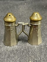 Vintage Art Deco Design Metal Salt And Pepper Shakers W/ Handles Japan - $15.84