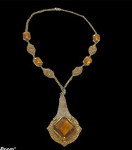 Antique Art Deco Citrine Glass Lavaliere Long Pendant Necklace 15” - £180.94 GBP