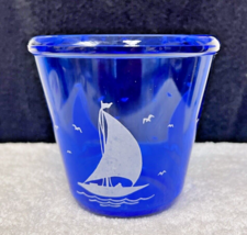 Hazel Atlas Cobalt Blue Sailboat Ice Bucket Great Shape 4 1/4 x  4 1/2 inch - £25.25 GBP