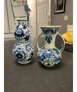 set of 2 5.5&quot; China pottery small vases, blue floral pattern - $21.78