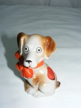 Vintage 1950&#39;s 60&#39;s Japan Porcelain Puppy Pin Cushion Figurine Orange Bow - $29.69