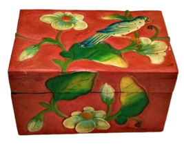 Vintage Indonesian Folk Art Parrot Red Box Carved Wood Hand Painted Bird Flowers - £19.10 GBP