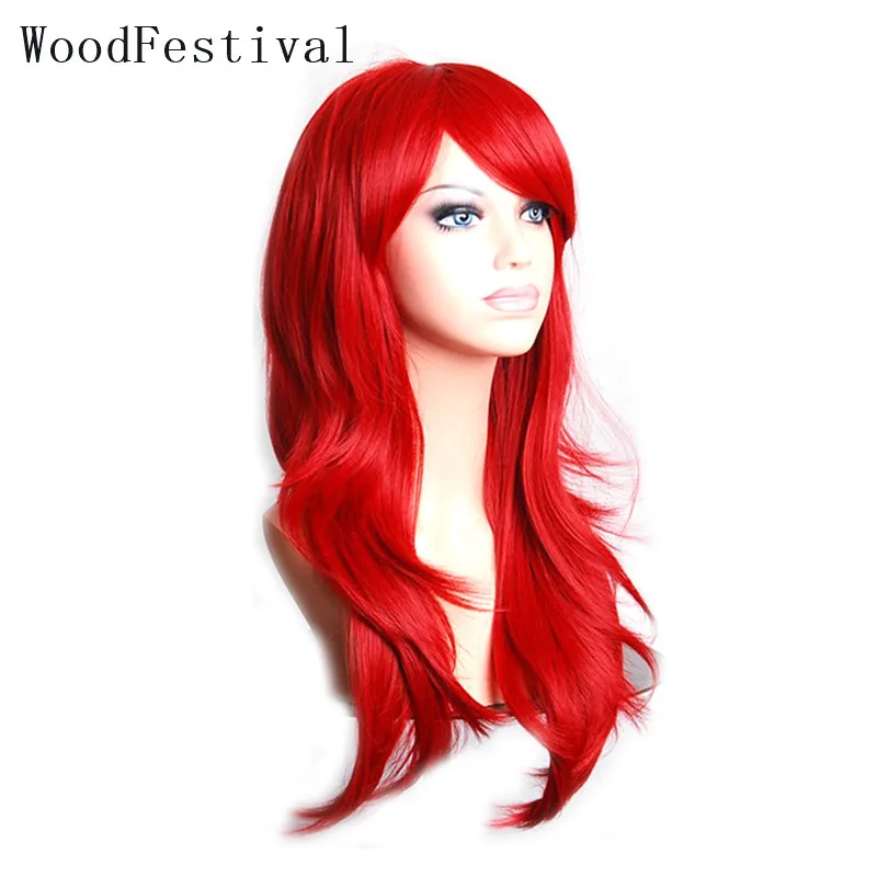 WoodFestival Women&#39;s Red Cosplay Wigs Synthetic Hair Wig With Bangs Wavy Long - £16.86 GBP+