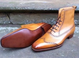 Men&#39;s Hand Made Burnished Toe Wing Tip High Ankle Genuine Leather Boots US 7-16 - £123.54 GBP