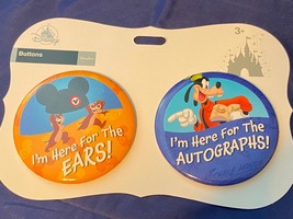 Disney Button Goofy Chip N Dale WDW Pin Set of 2 Here For Ears Autograph... - $12.19